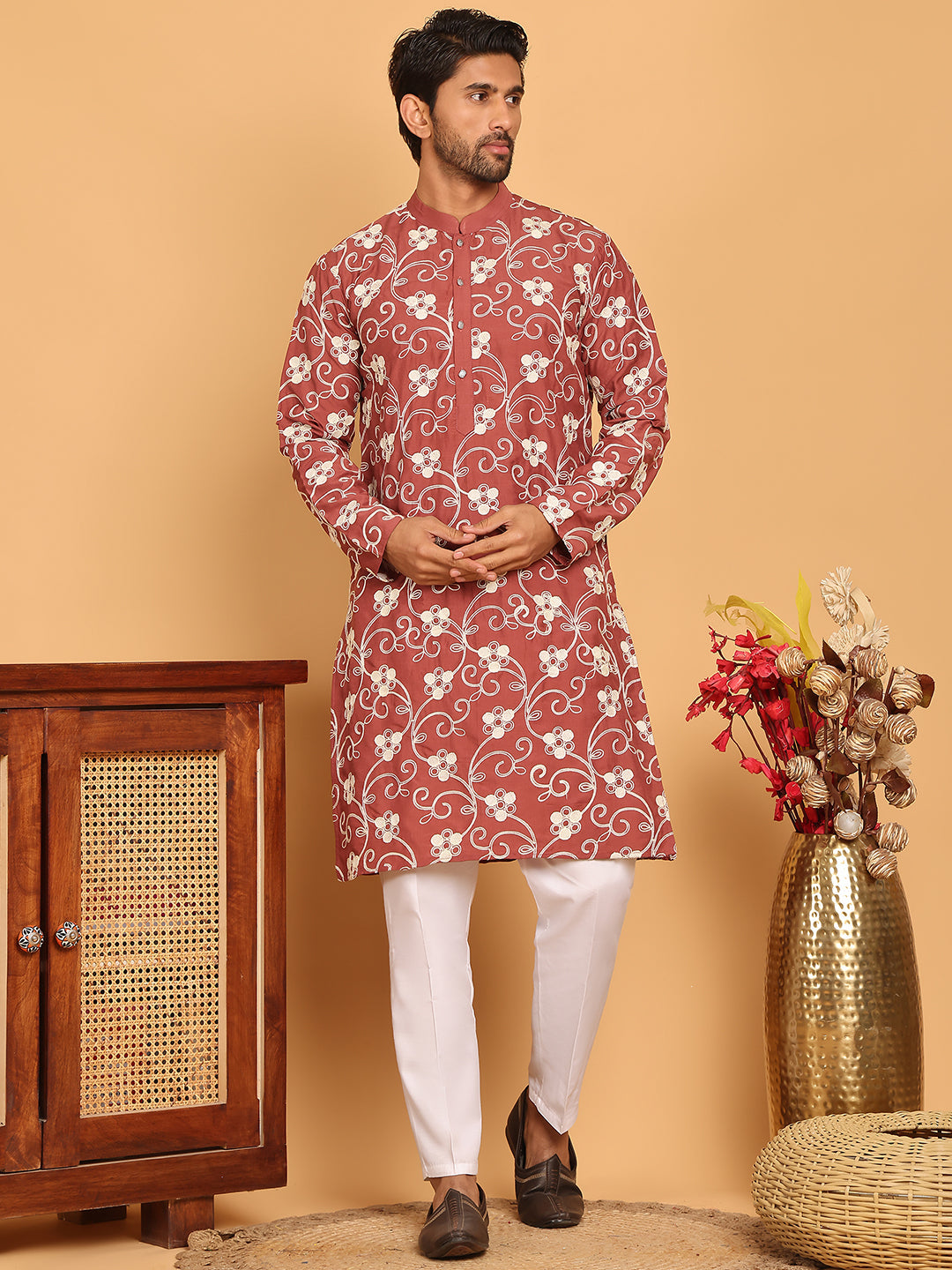 Floral Embroidered Straight Kurta Pyjama Set For Men ( JOKP P 5193 Rust ) [FF] [I-1-4]