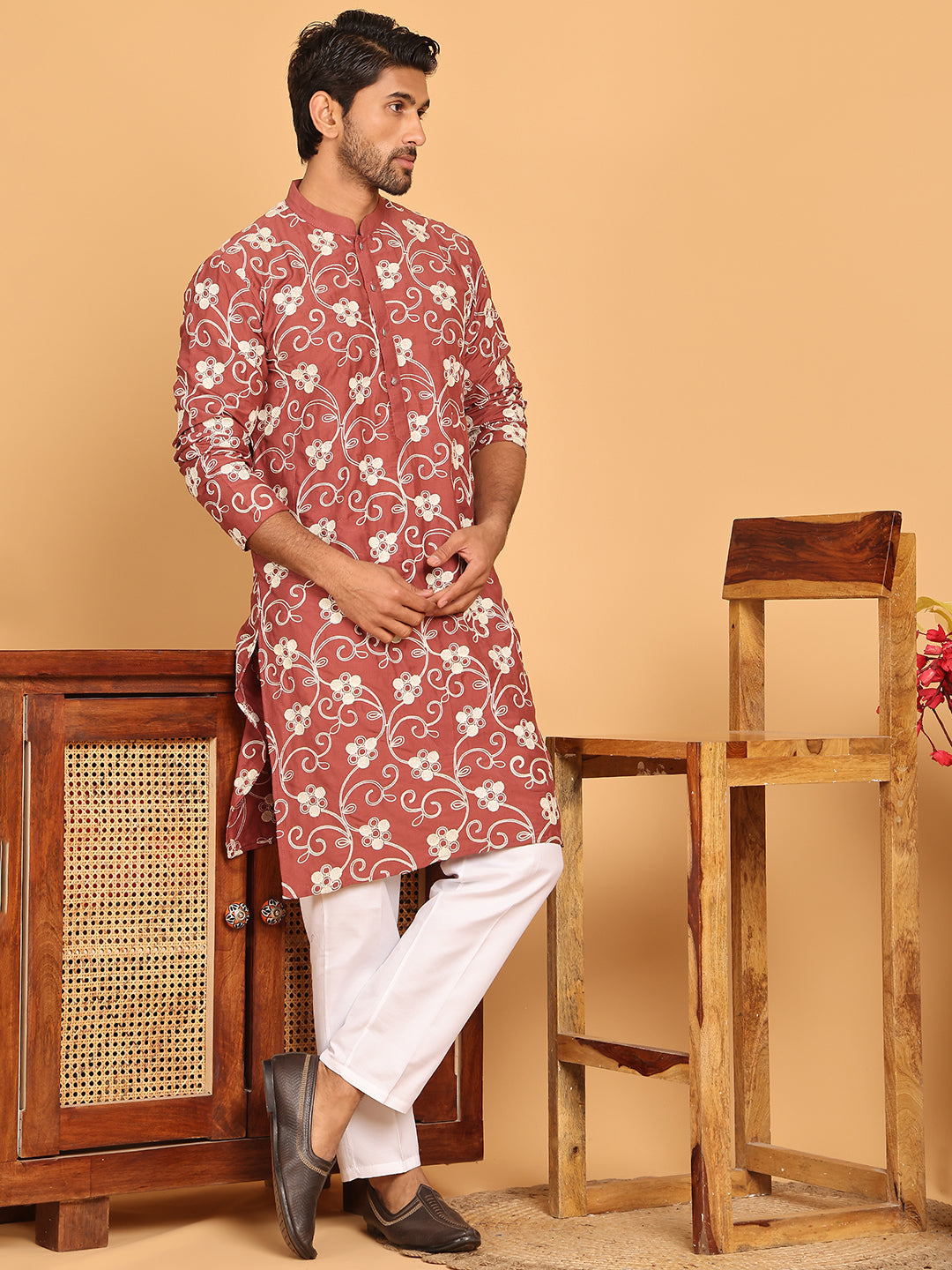 Floral Embroidered Straight Kurta Pyjama Set For Men ( JOKP P 5193 Rust ) [FF] [I-1-4]