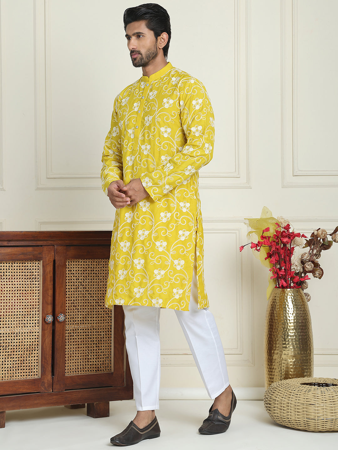 Floral Embroidered Straight Kurta Pyjama Set For Men ( JOKP P 5193 Yellow ) [FF] [I-1-4]