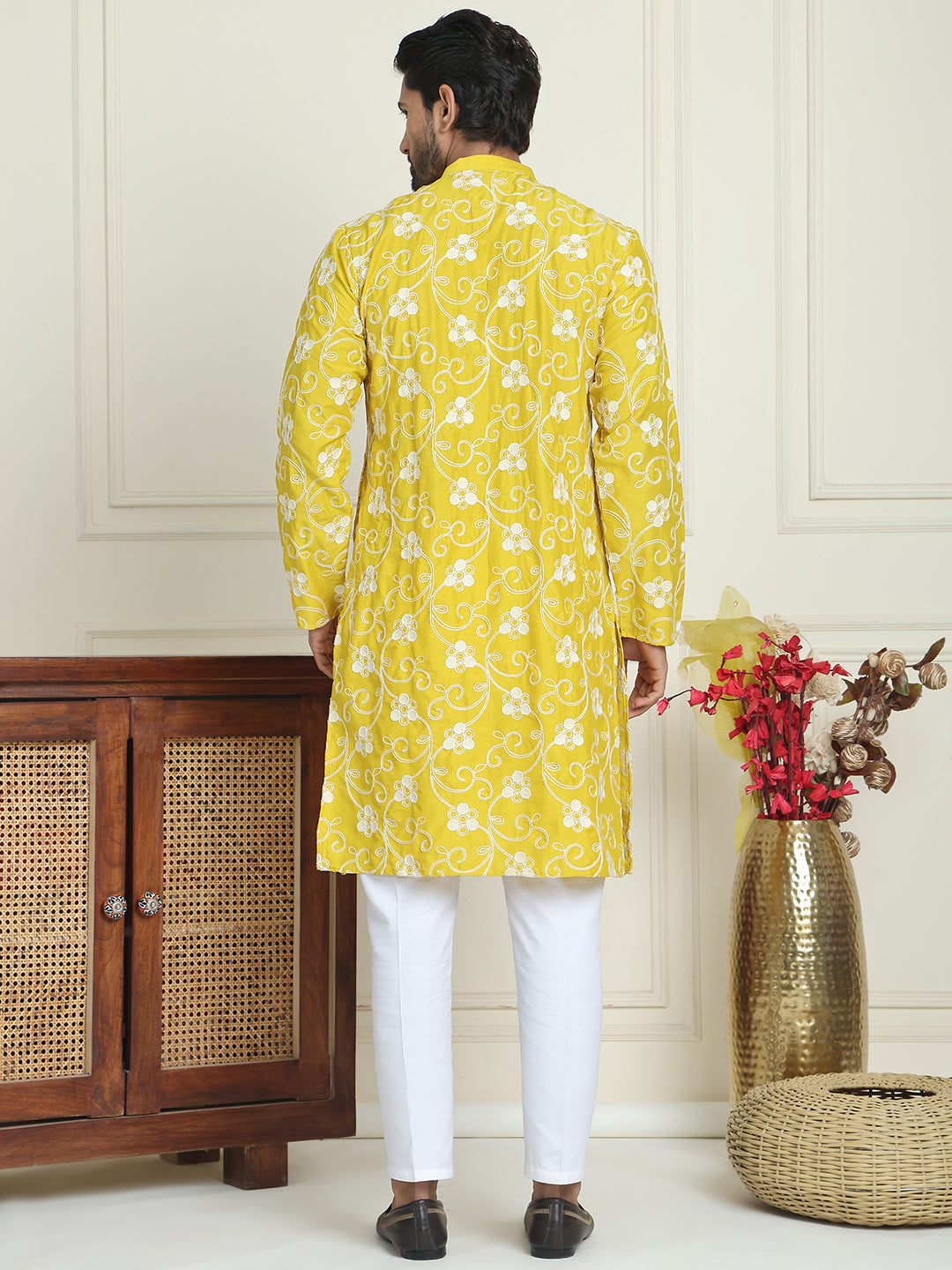 Floral Embroidered Straight Kurta Pyjama Set For Men ( JOKP P 5193 Yellow ) [FF] [I-1-4]