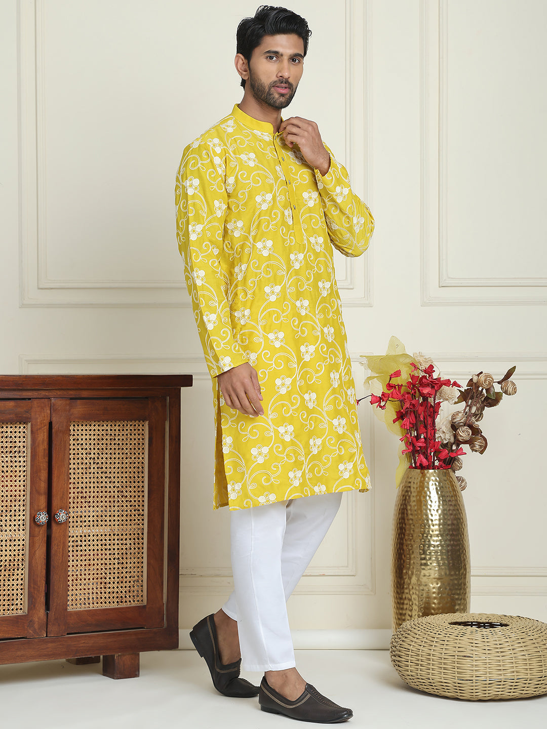 Floral Embroidered Straight Kurta Pyjama Set For Men ( JOKP P 5193 Yellow ) [FF] [I-1-4]