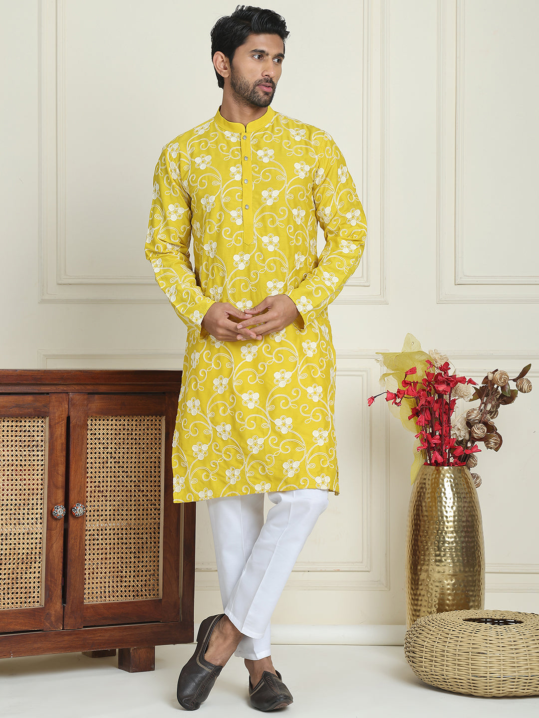 Floral Embroidered Straight Kurta Pyjama Set For Men ( JOKP P 5193 Yellow ) [FF] [I-1-4]