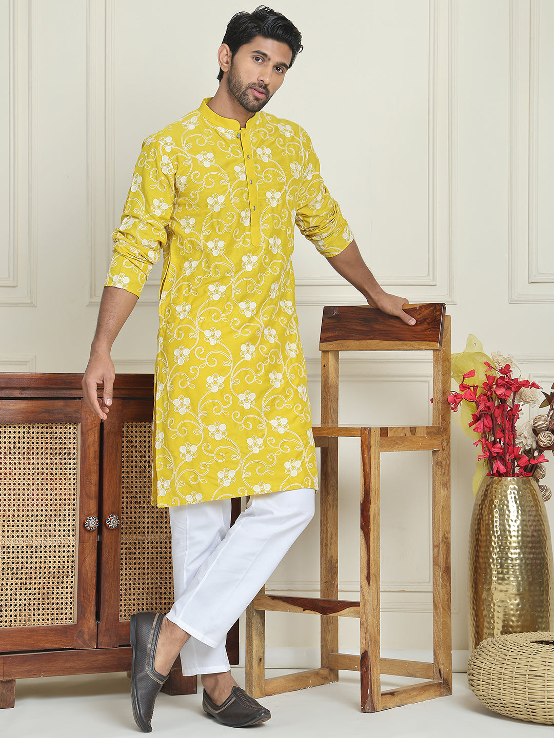 Floral Embroidered Straight Kurta Pyjama Set For Men ( JOKP P 5193 Yellow ) [FF] [I-1-4]