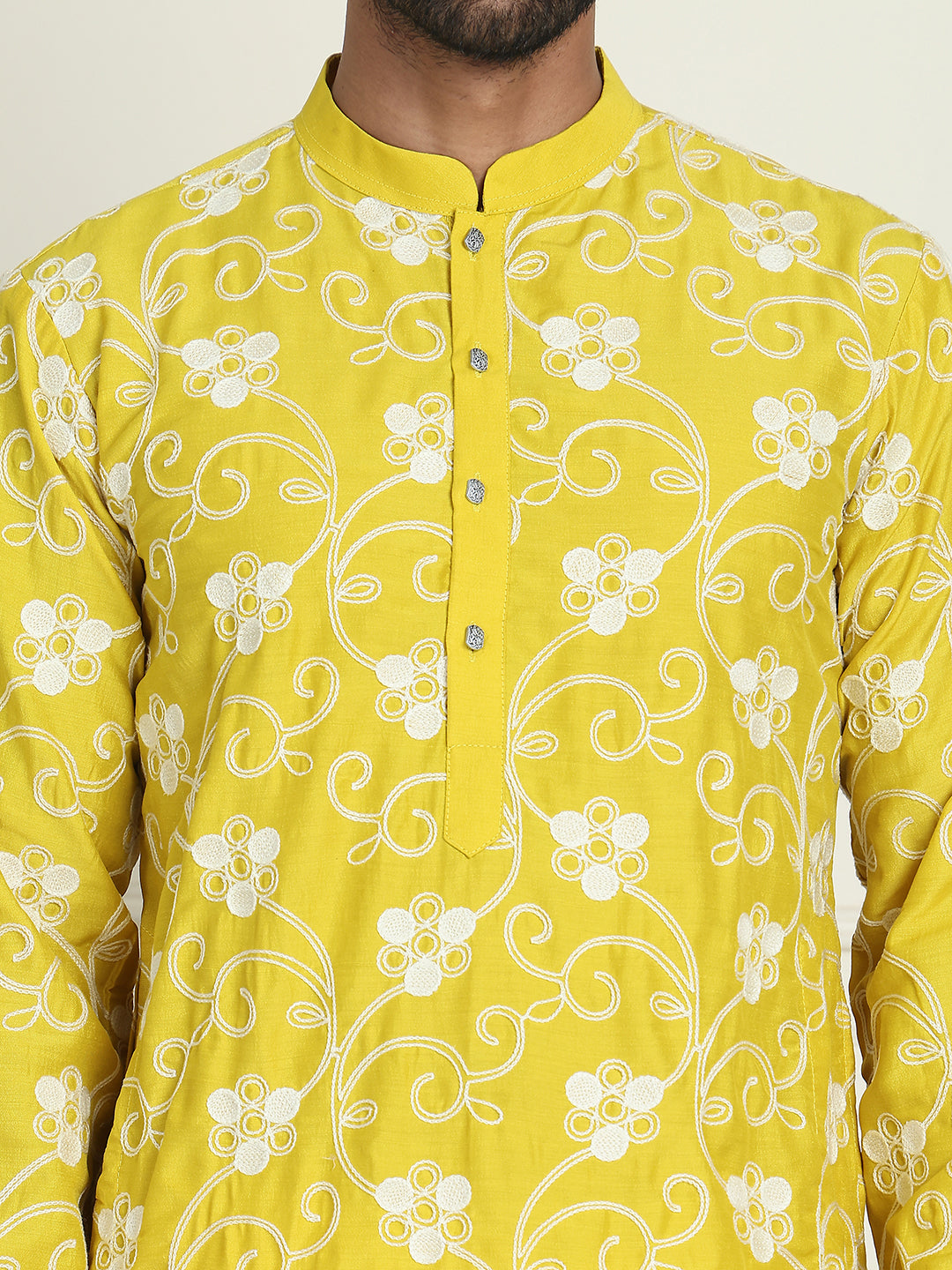 Floral Embroidered Straight Kurta Pyjama Set For Men ( JOKP P 5193 Yellow ) [FF] [I-1-4]