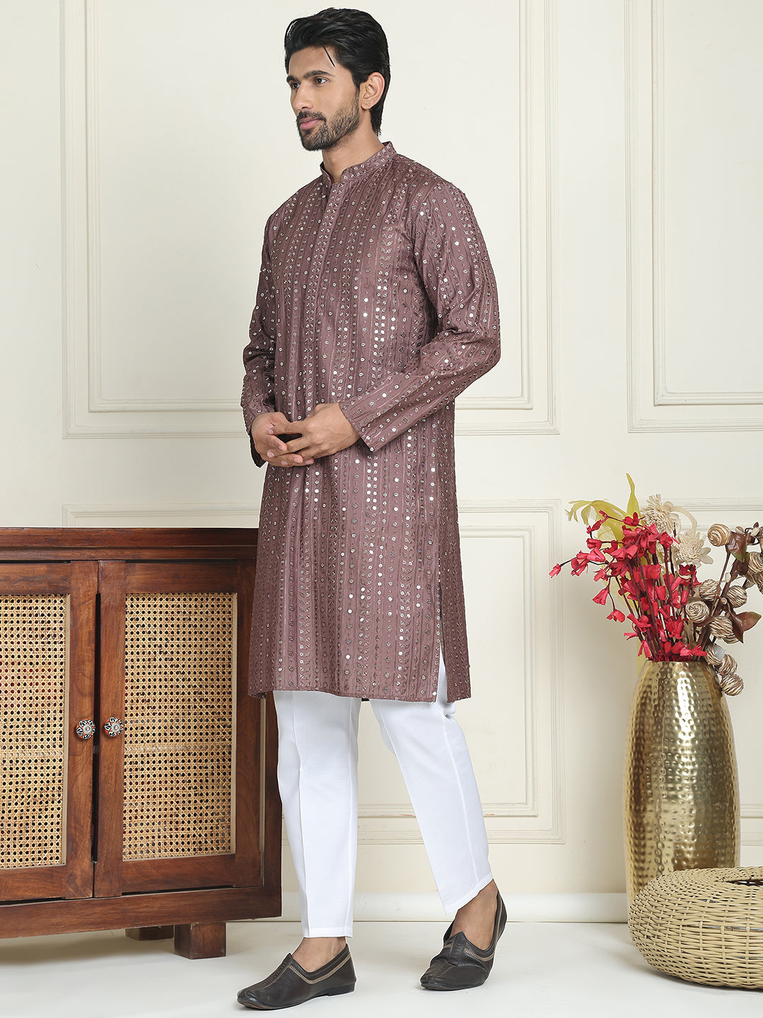 Embroidered and mirror work straight Kurta Set For Men, ( JOKP P 5194 Coffee )