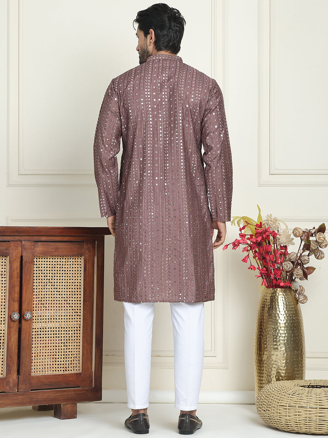 Embroidered and mirror work straight Kurta Set For Men, ( JOKP P 5194 Coffee )