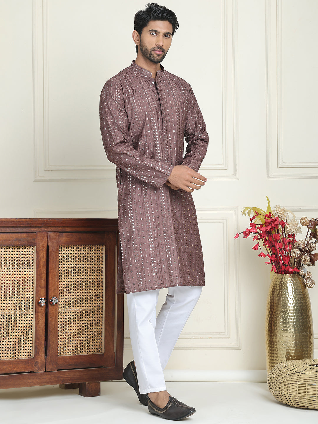 Embroidered and mirror work straight Kurta Set For Men, ( JOKP P 5194 Coffee )