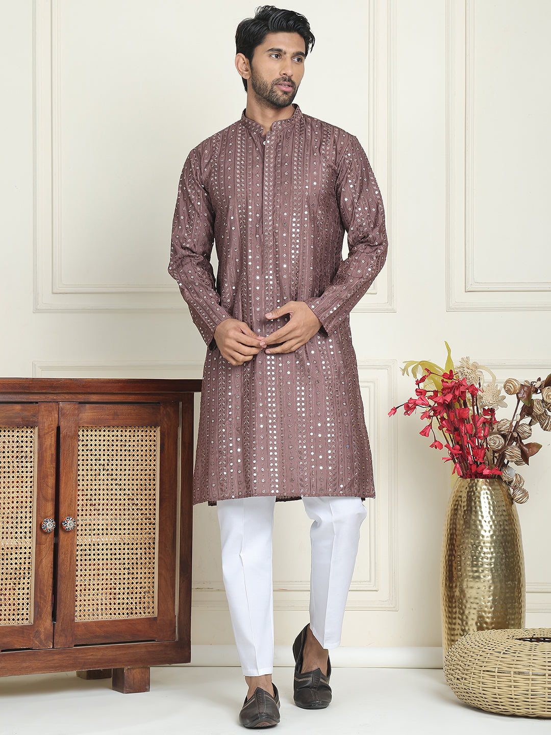 Embroidered and mirror work straight Kurta Set For Men, ( JOKP P 5194 Coffee )