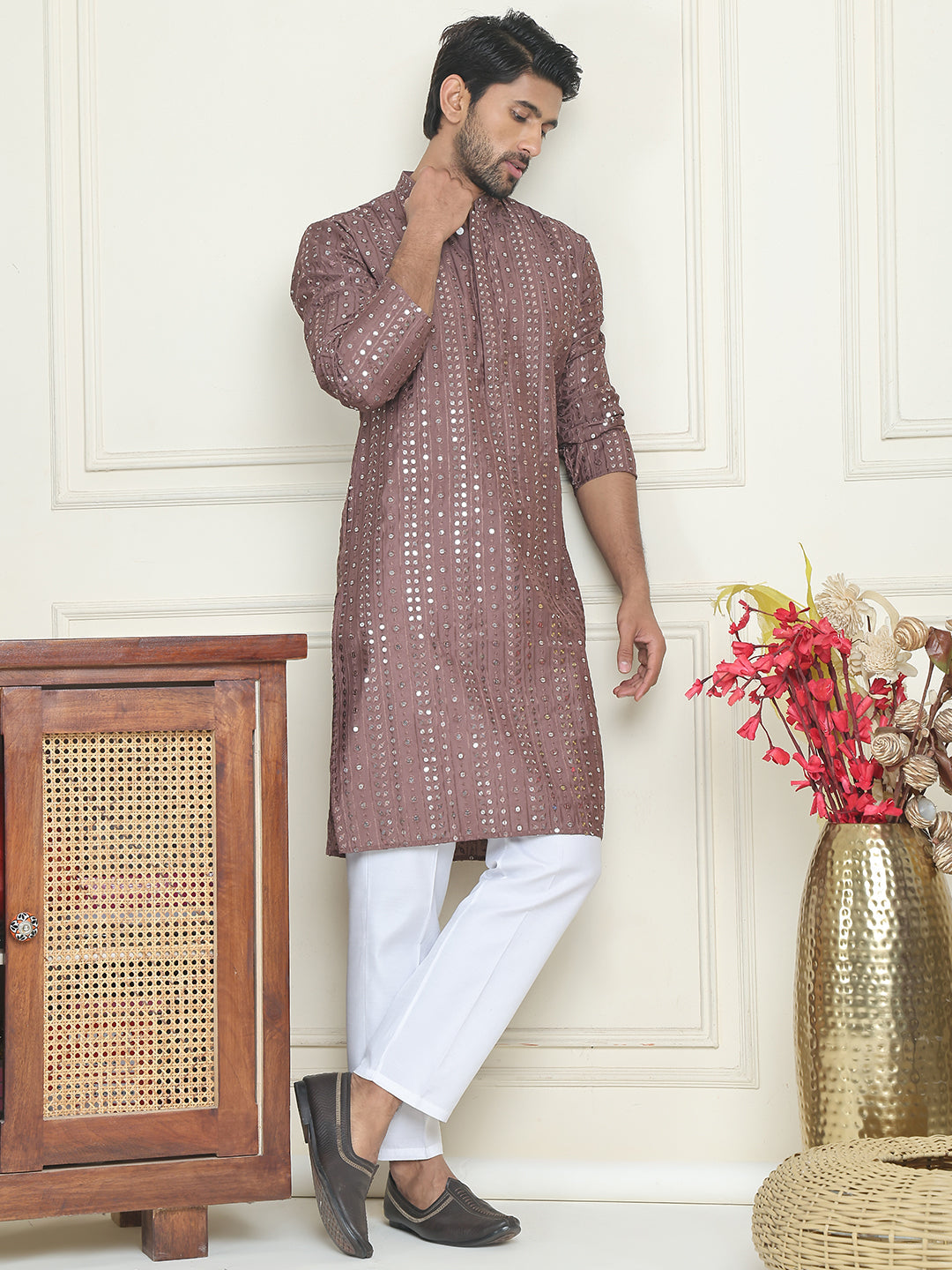 Embroidered and mirror work straight Kurta Set For Men, ( JOKP P 5194 Coffee )