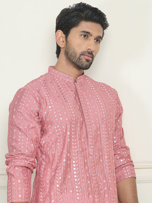Embroidered and mirror work straight Kurta Set For Men, ( JOKP P 5194 Coral )