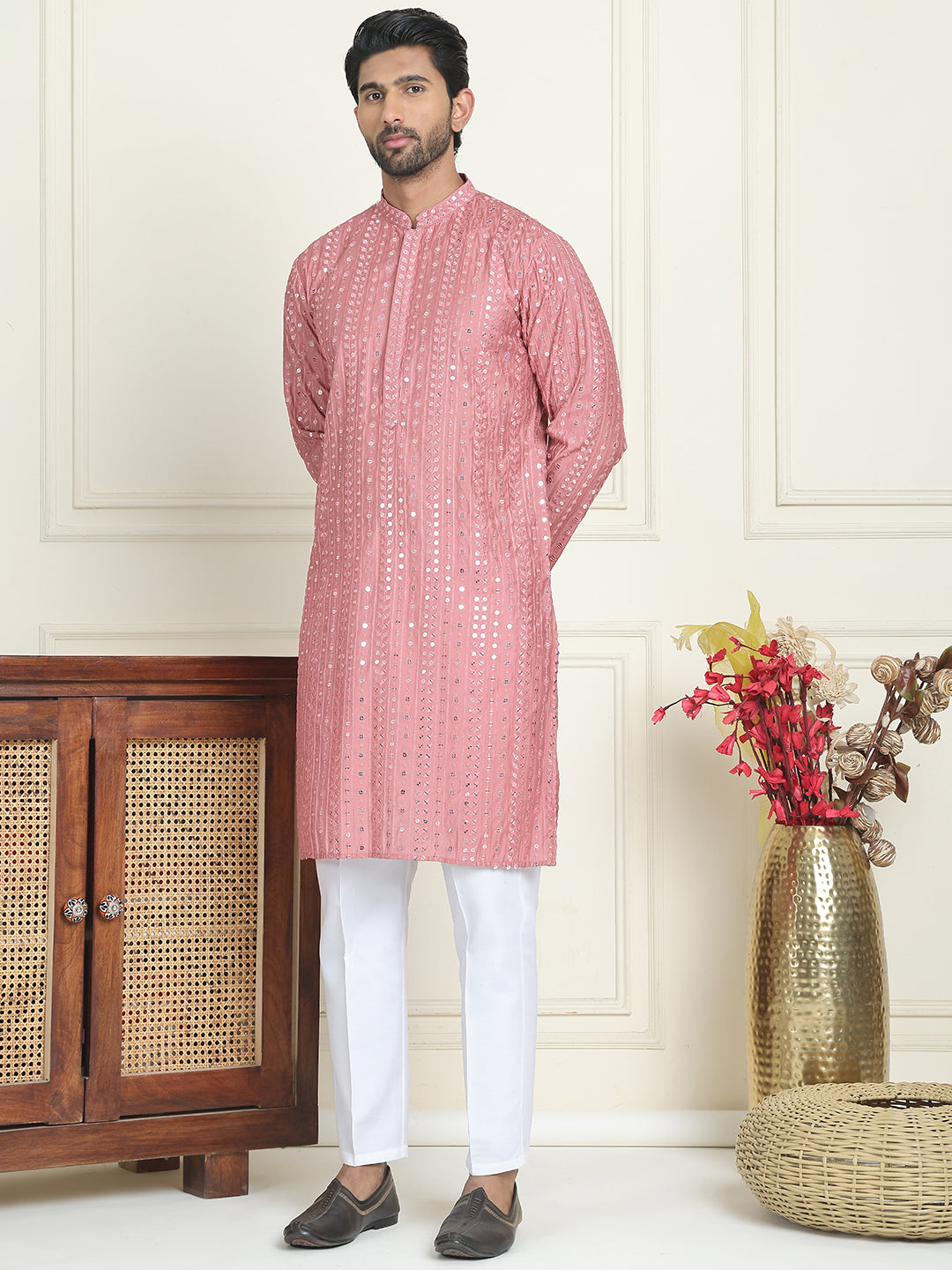 Embroidered and mirror work straight Kurta Set For Men, ( JOKP P 5194 Coral )