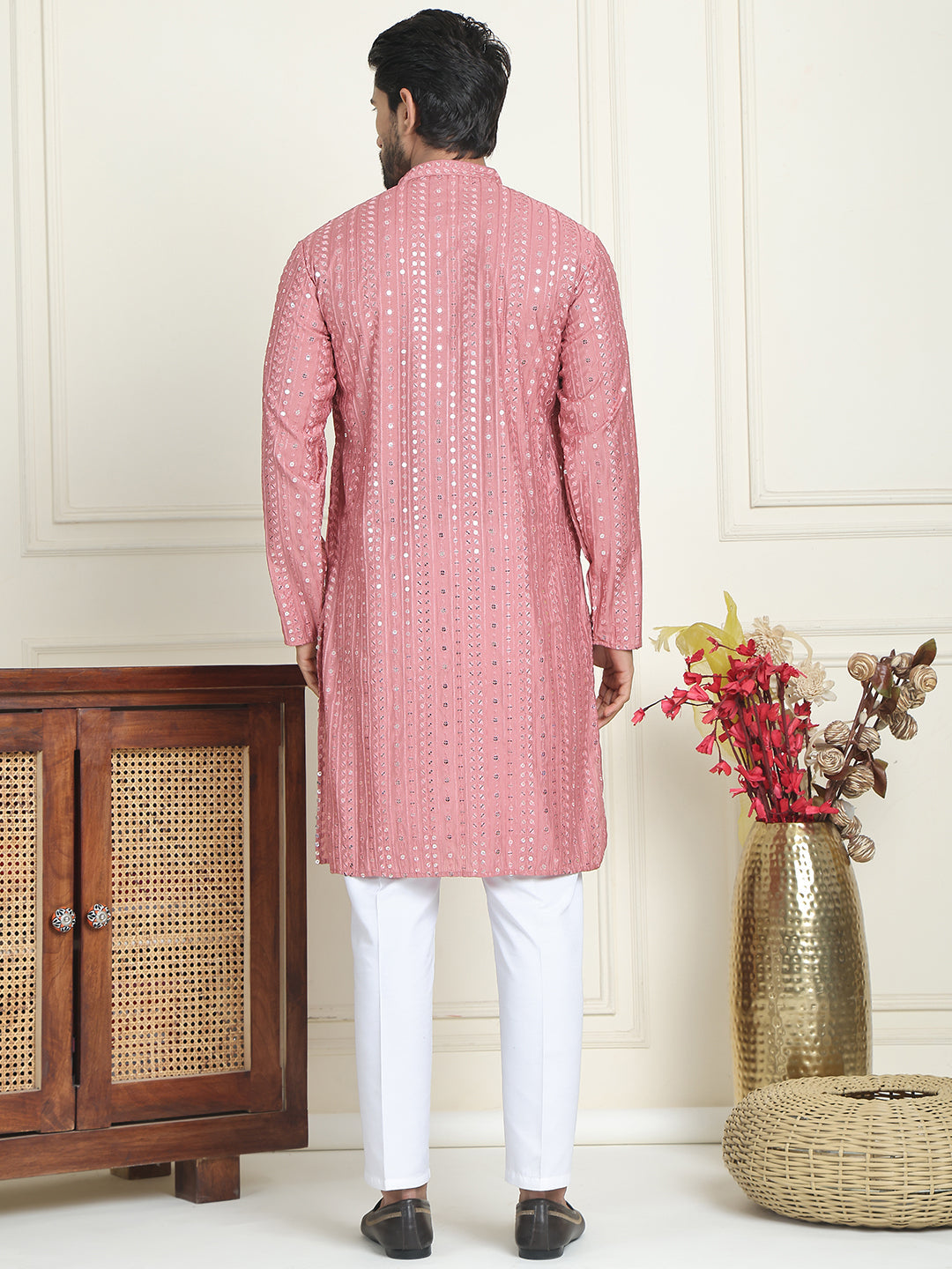 Embroidered and mirror work straight Kurta Set For Men, ( JOKP P 5194 Coral )