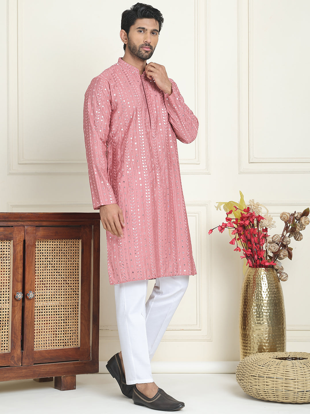 Embroidered and mirror work straight Kurta Set For Men, ( JOKP P 5194 Coral )