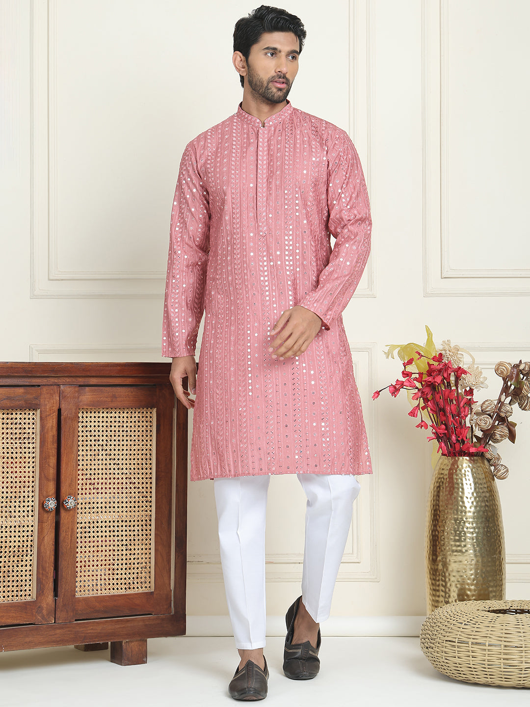 Embroidered and mirror work straight Kurta Set For Men, ( JOKP P 5194 Coral )
