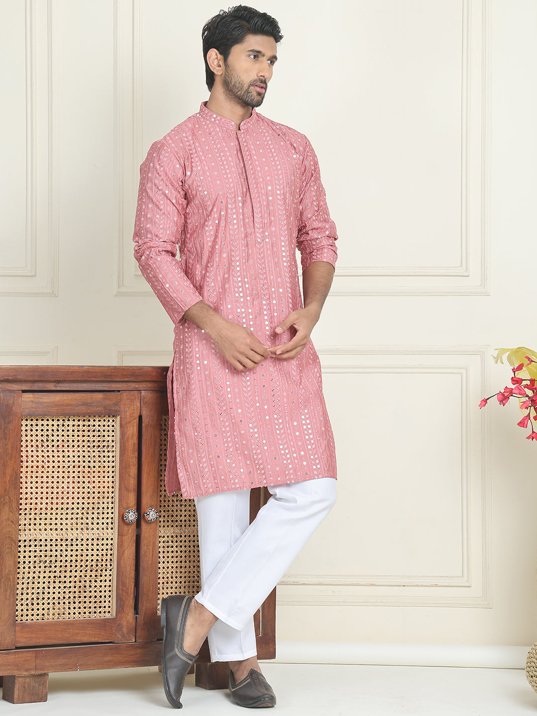 Embroidered and mirror work straight Kurta Set For Men, ( JOKP P 5194 Coral )