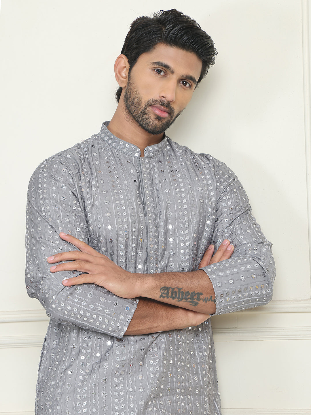 Embroidered and mirror work straight Kurta Set For Men, ( JOKP P 5194 Grey )
