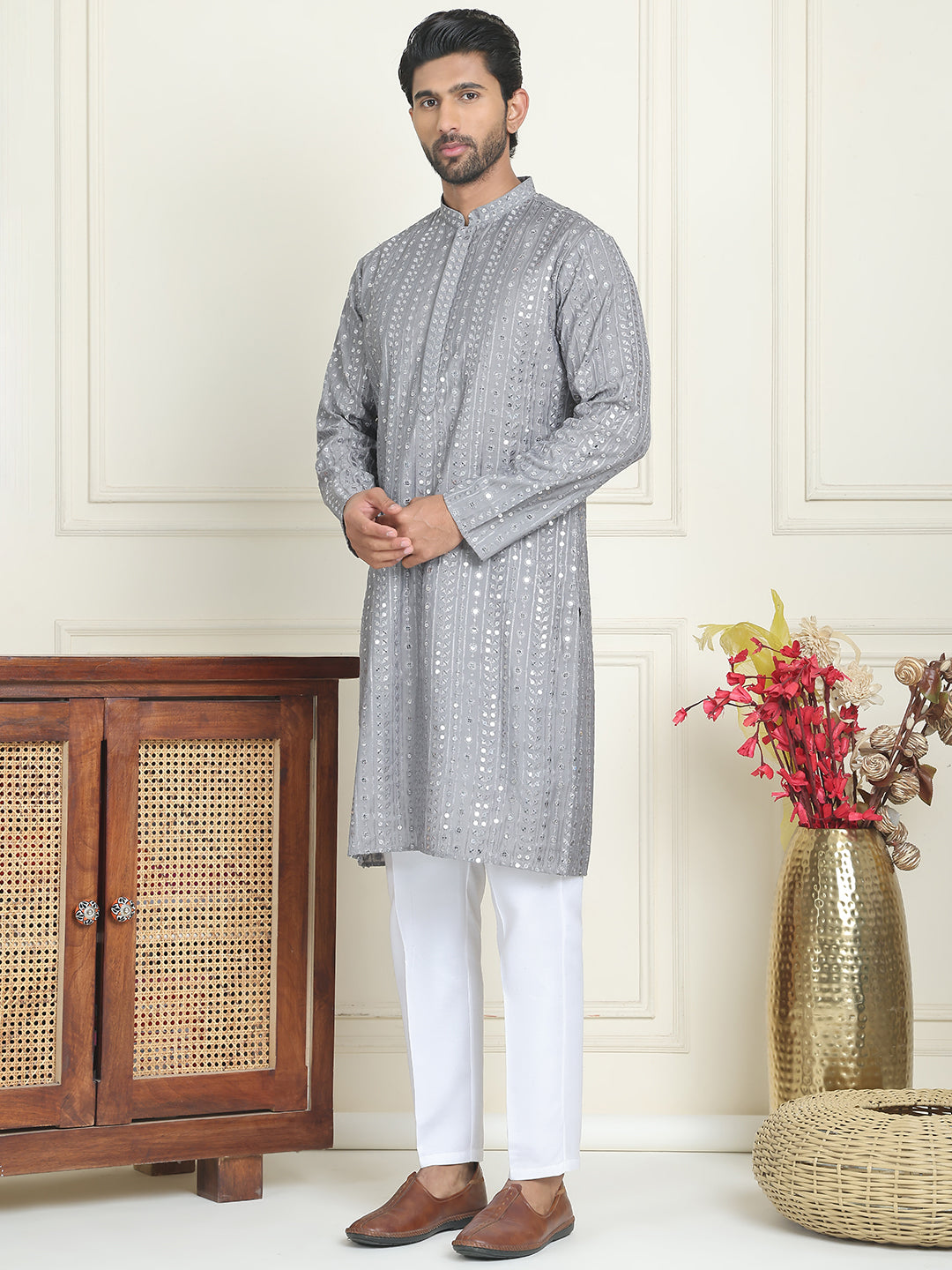 Embroidered and mirror work straight Kurta Set For Men, ( JOKP P 5194 Grey )