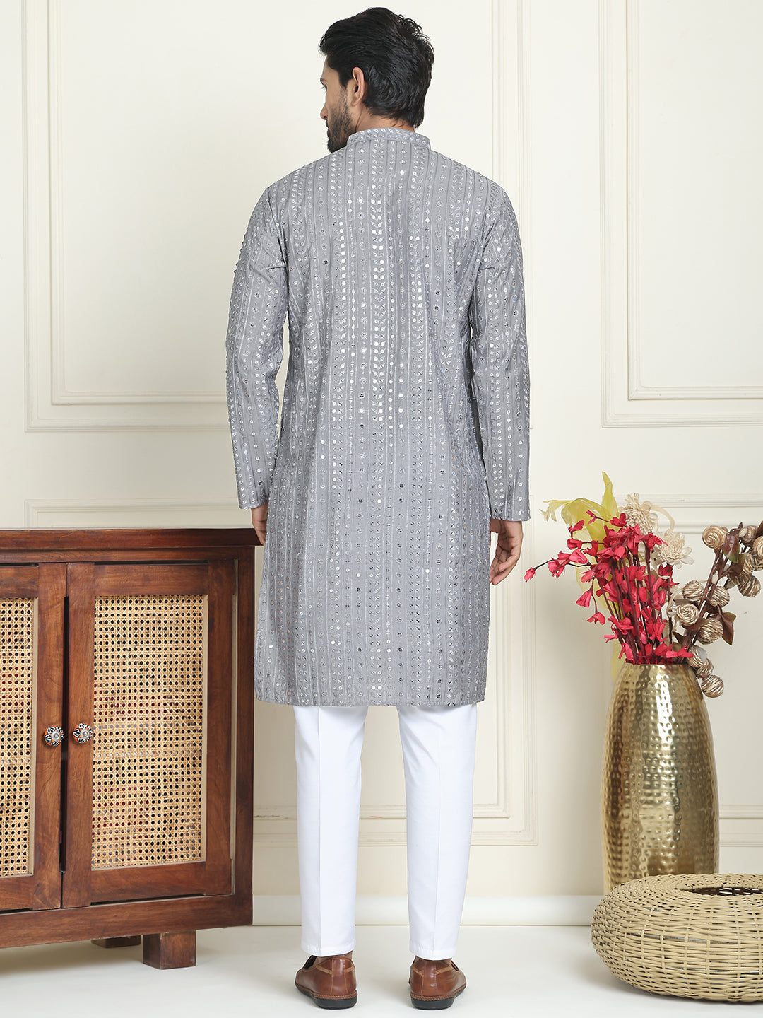 Embroidered and mirror work straight Kurta Set For Men, ( JOKP P 5194 Grey )