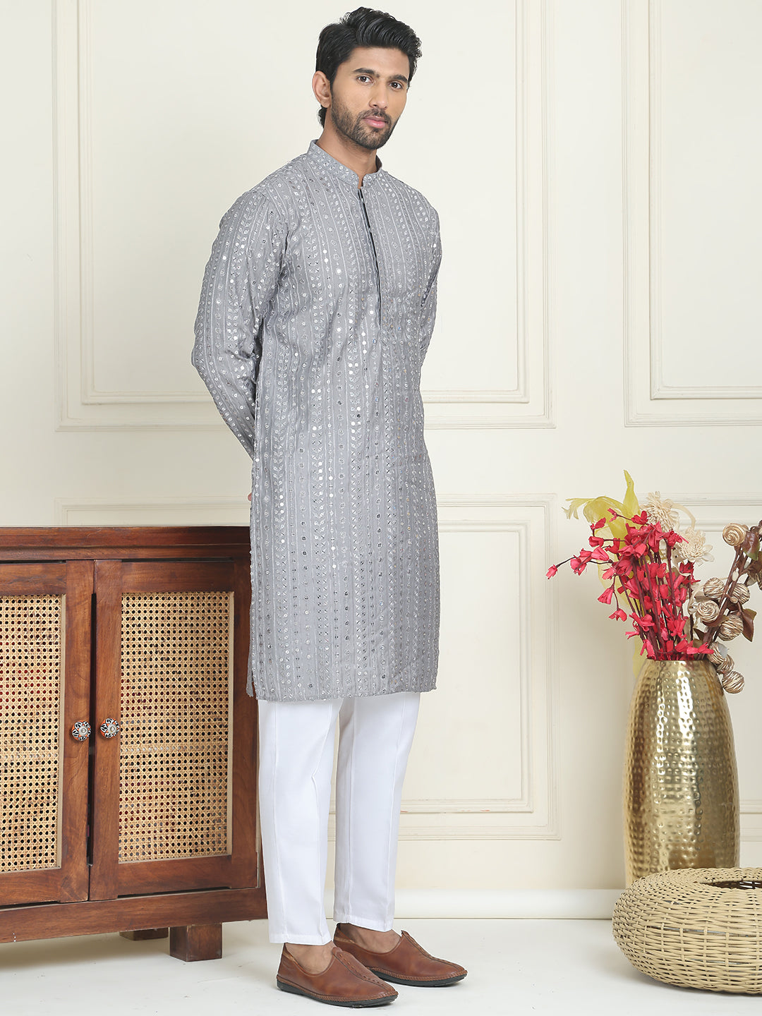 Embroidered and mirror work straight Kurta Set For Men, ( JOKP P 5194 Grey )