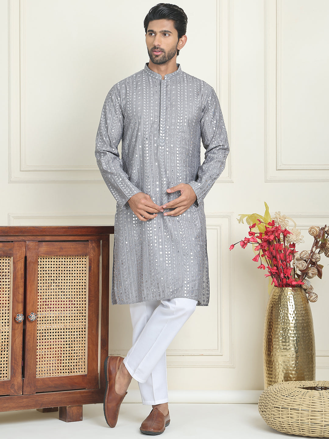 Embroidered and mirror work straight Kurta Set For Men, ( JOKP P 5194 Grey )