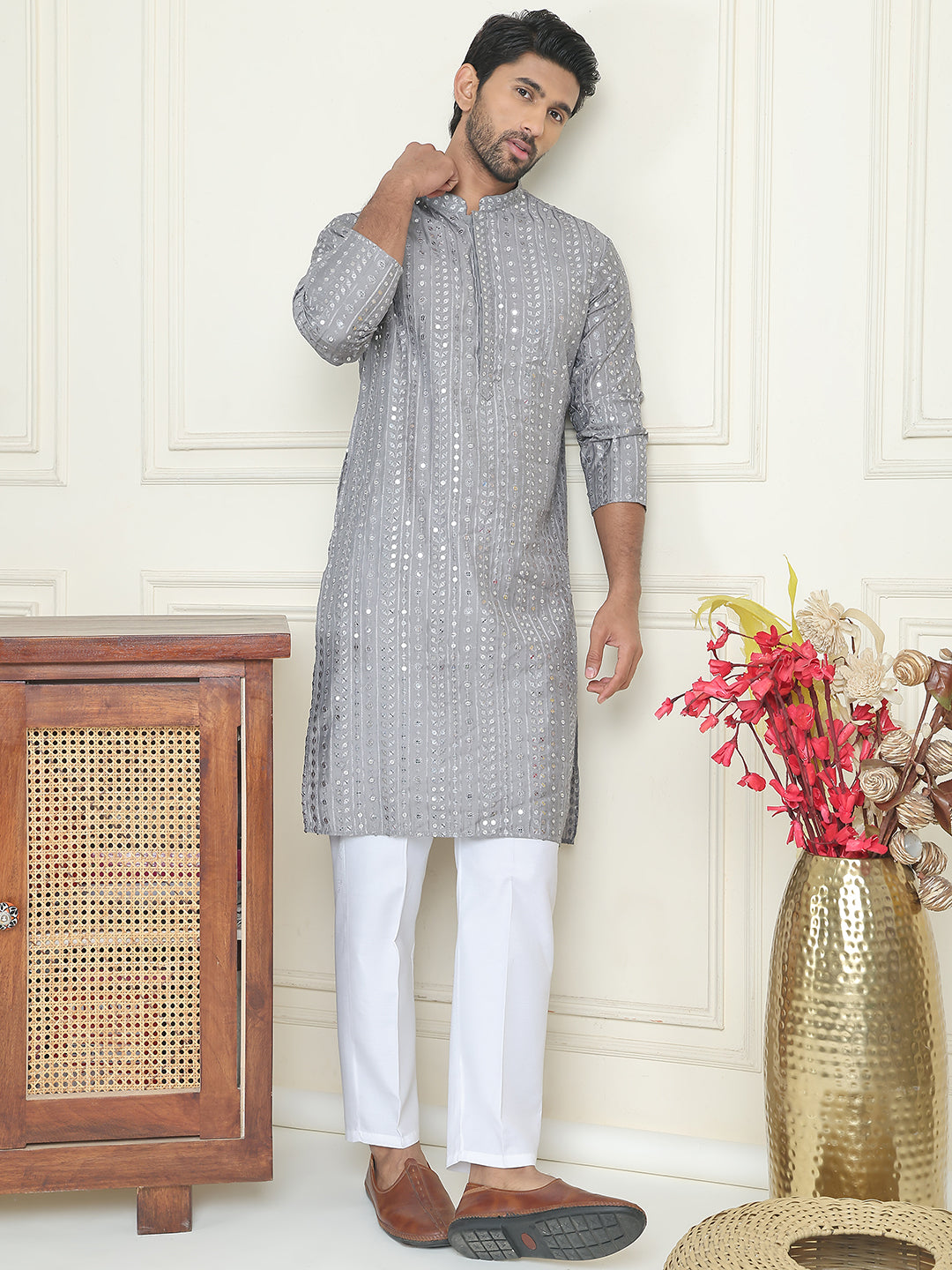 Embroidered and mirror work straight Kurta Set For Men, ( JOKP P 5194 Grey )