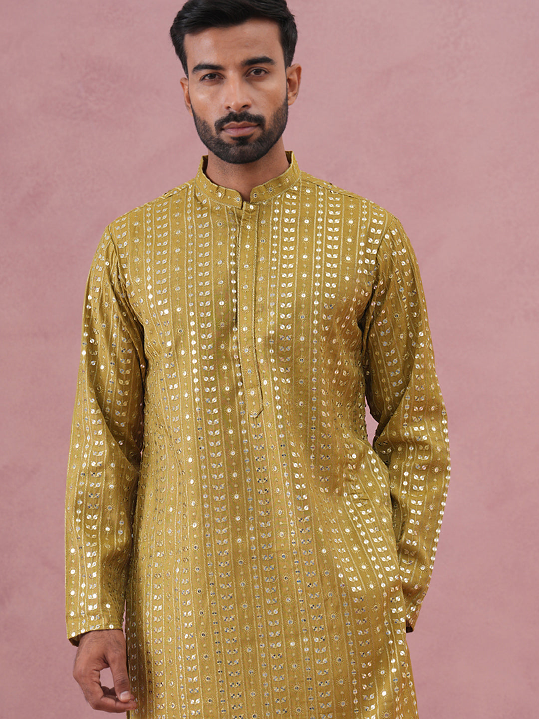 Embroidered and mirror work straight Kurta Set For Men ( JOKP P 5194 P 5194Mehndi ) [FF] [N-9]