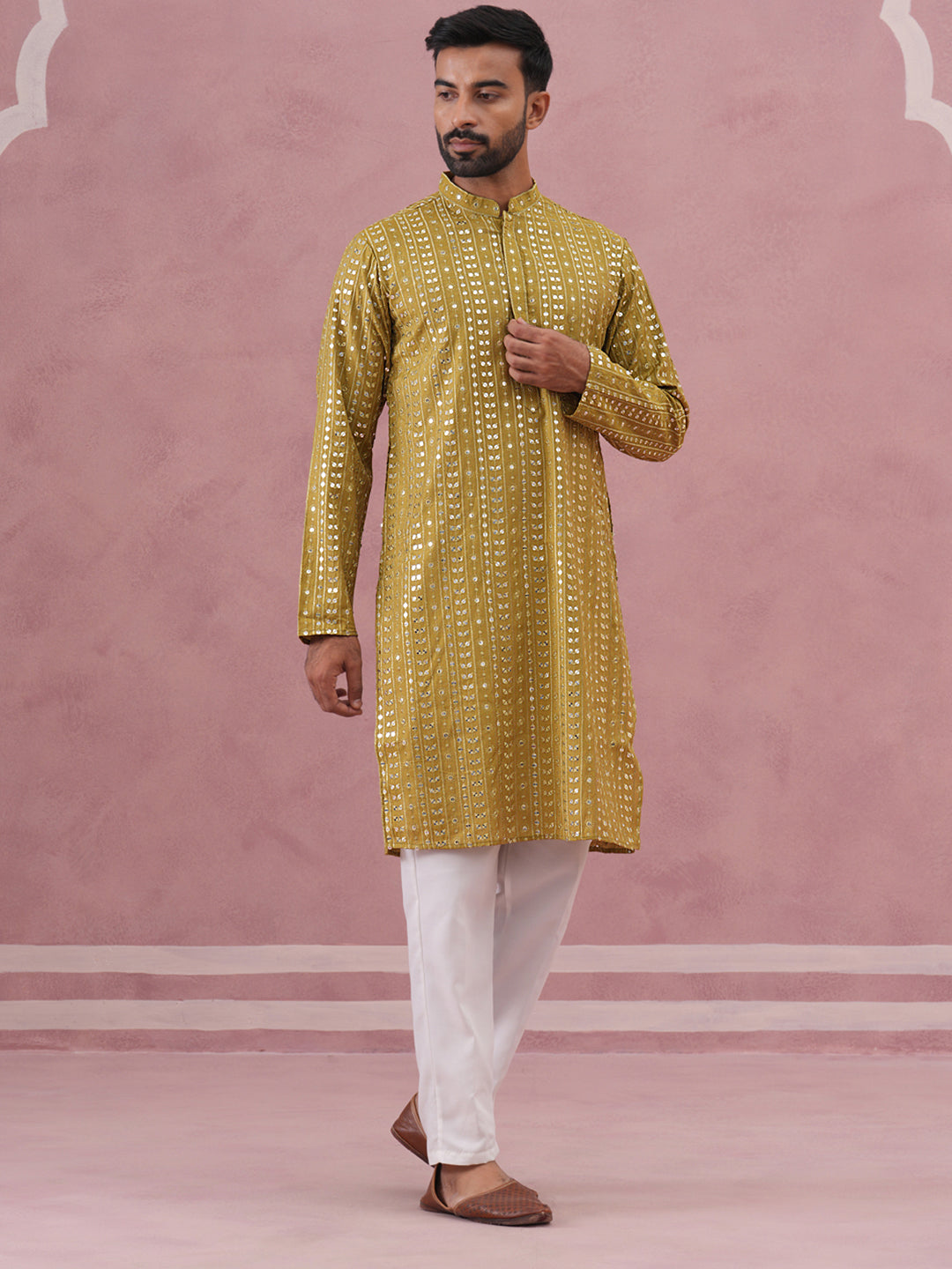 Embroidered and mirror work straight Kurta Set For Men ( JOKP P 5194 P 5194Mehndi ) [FF] [N-9]