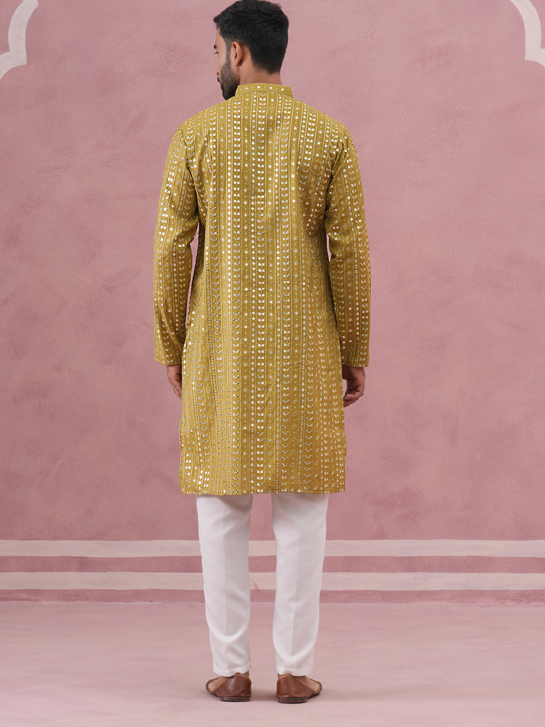 Embroidered and mirror work straight Kurta Set For Men ( JOKP P 5194 P 5194Mehndi ) [FF] [N-9]