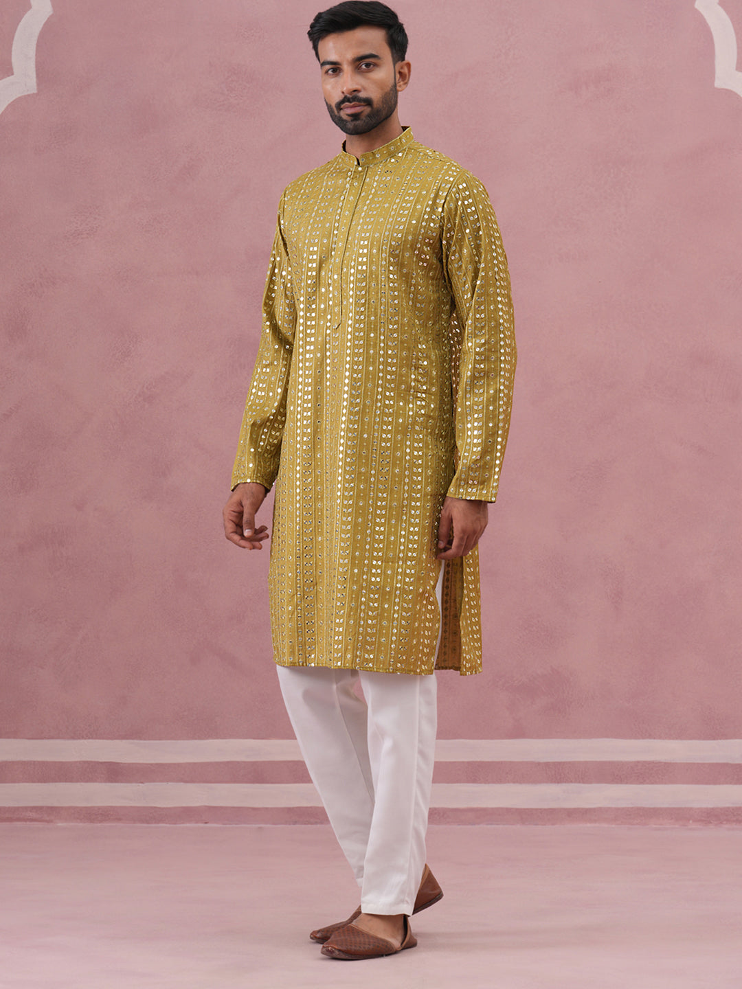 Embroidered and mirror work straight Kurta Set For Men ( JOKP P 5194 P 5194Mehndi ) [FF] [N-9]