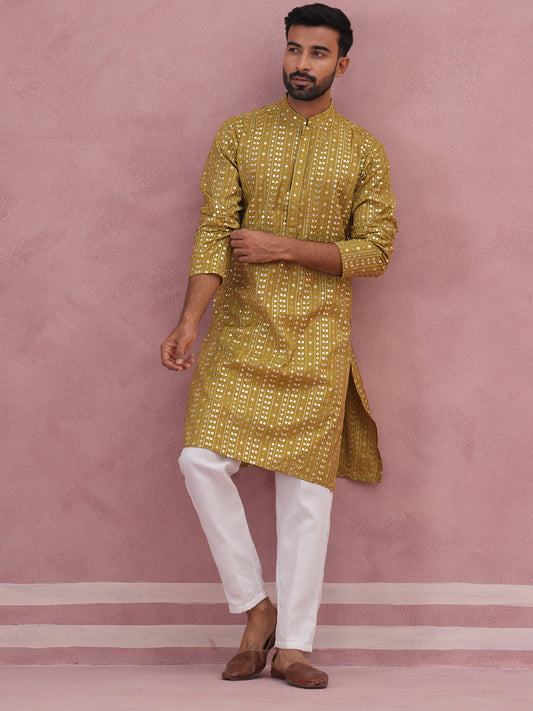 Embroidered and mirror work straight Kurta Set For Men ( JOKP P 5194 P 5194Mehndi ) [FF] [N-9]