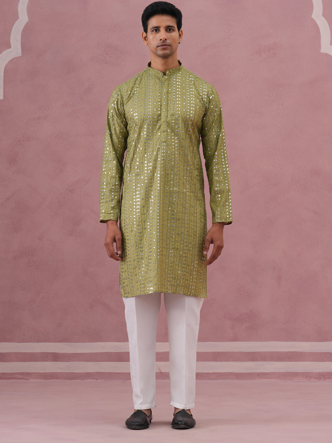 Embroidered and mirror work straight Kurta Set For Men ( JOKP P 5194 P 5194Olive ) [FF] [N-9]