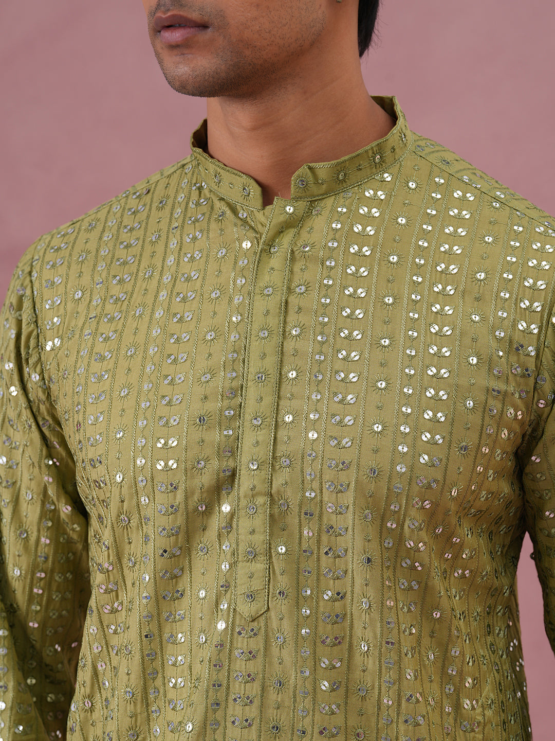 Embroidered and mirror work straight Kurta Set For Men ( JOKP P 5194 P 5194Olive ) [FF] [N-9]