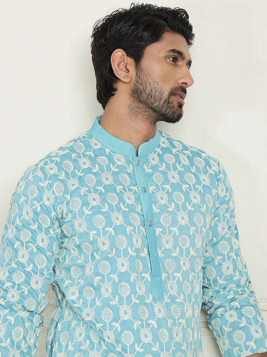 Embroidered Straight Kurtas For Men ( KO 5195 Blue )