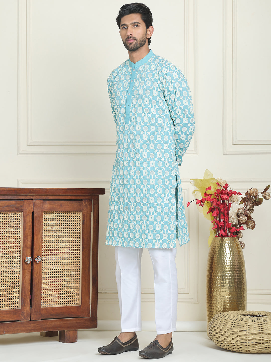 Embroidered Straight Kurta Pyjama Set For Men ( JOKP P 5195 Blue )