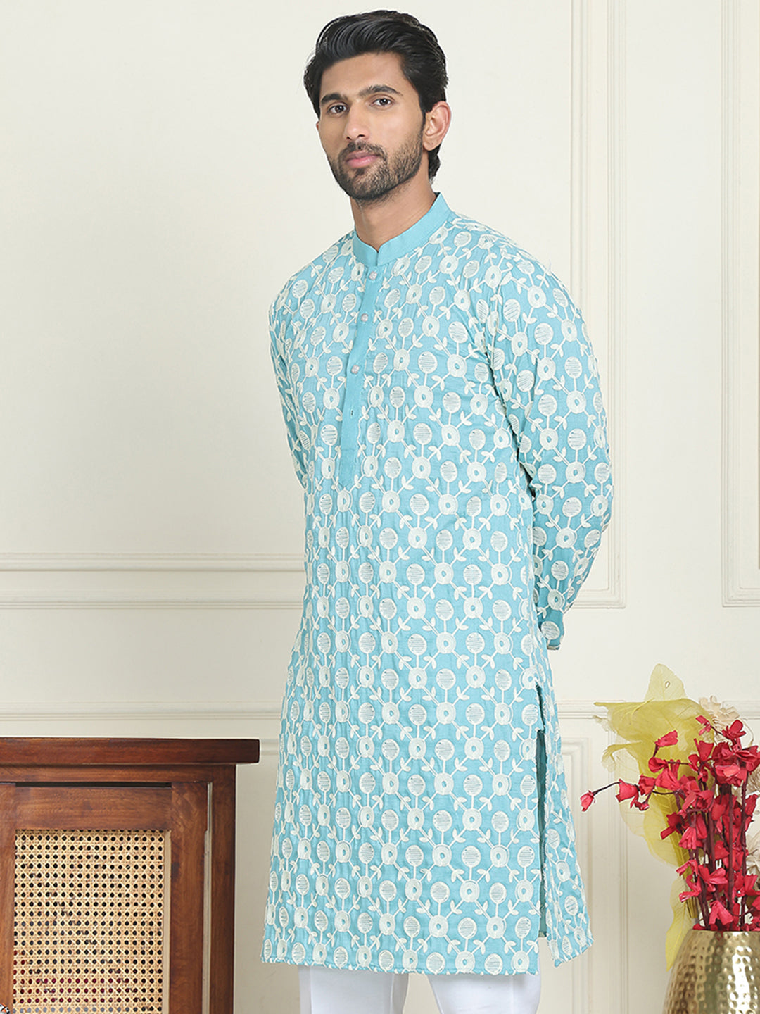 Embroidered Straight Kurtas For Men ( KO 5195 Blue )