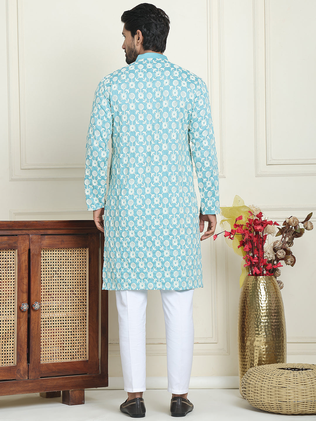 Embroidered Straight Kurta Pyjama Set For Men ( JOKP P 5195 Blue )