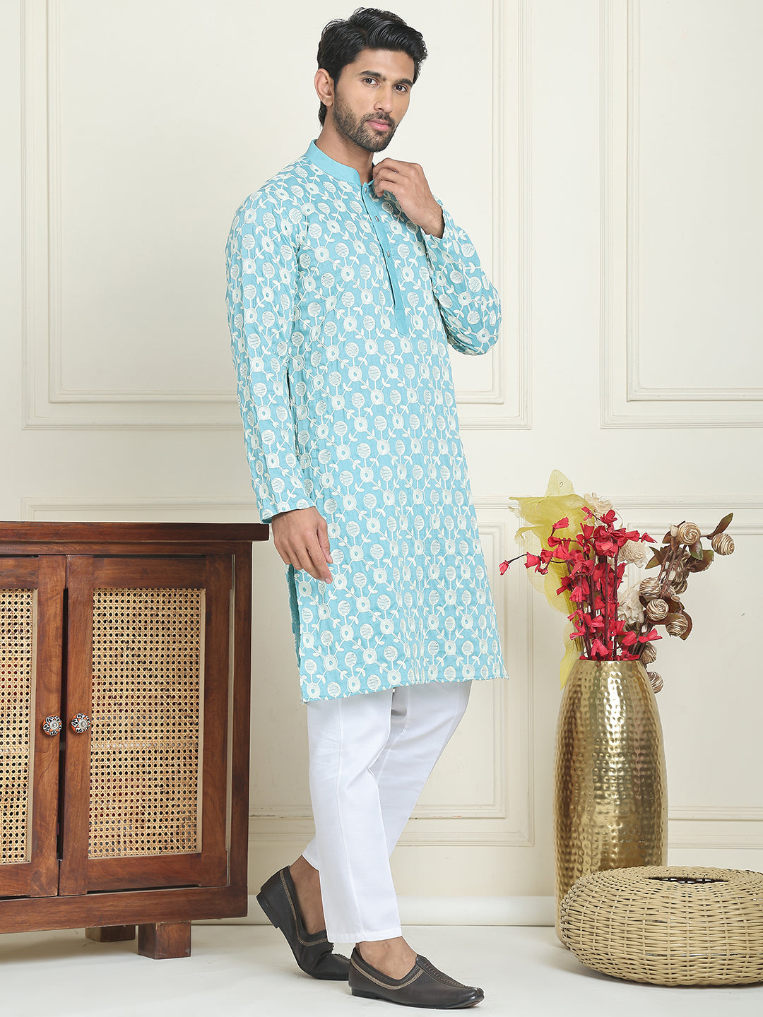Embroidered Straight Kurta Pyjama Set For Men ( JOKP P 5195 Blue )