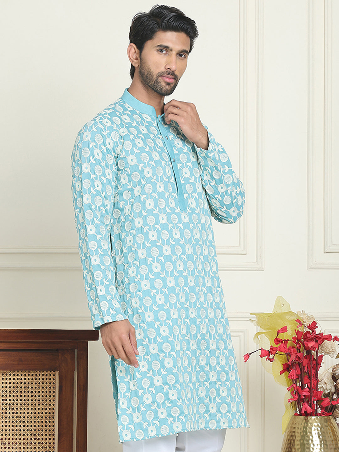 Embroidered Straight Kurtas For Men ( KO 5195 Blue )