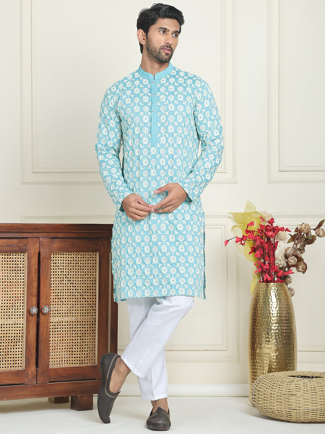 Embroidered Straight Kurta Pyjama Set For Men ( JOKP P 5195 Blue )