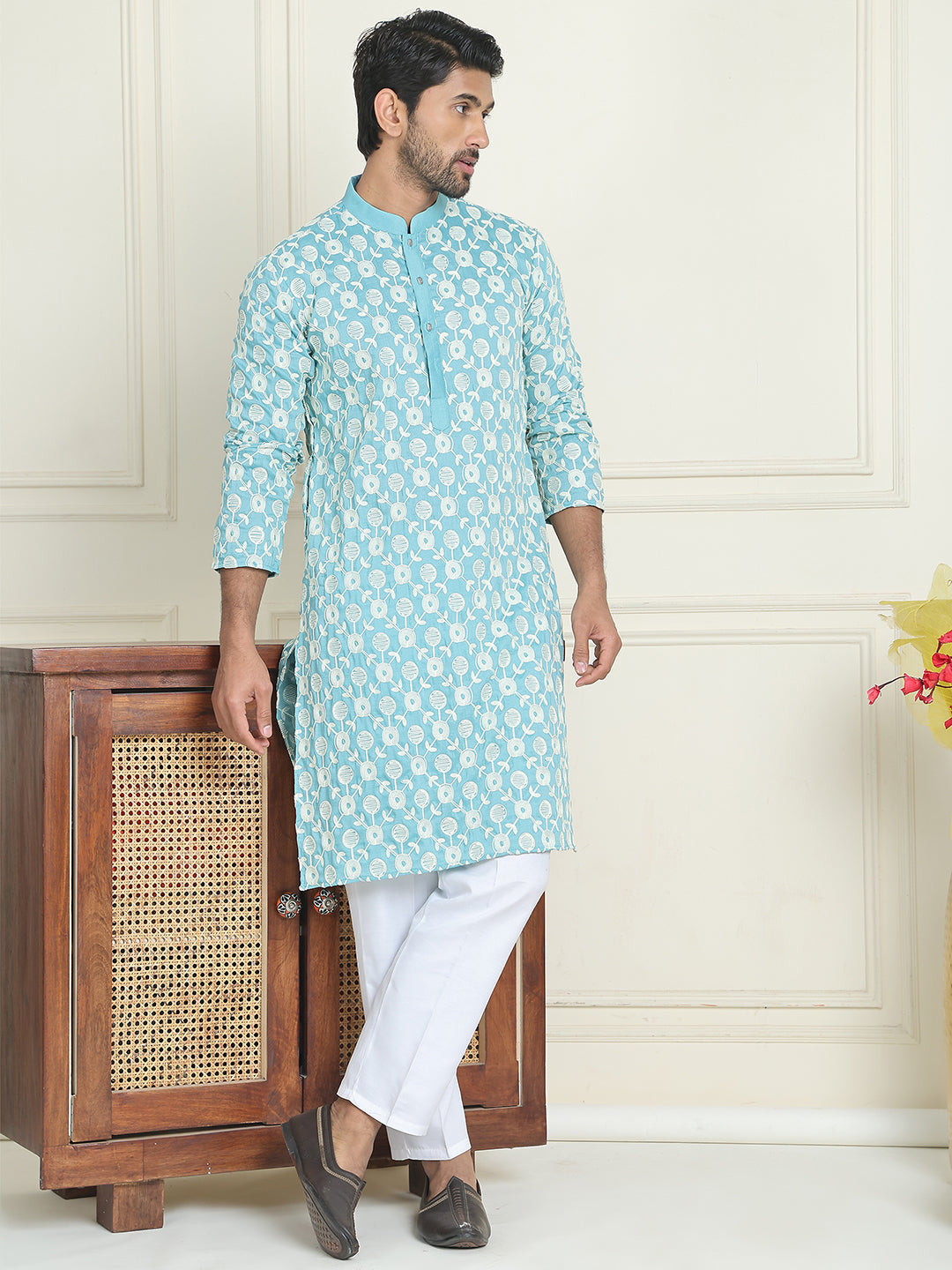 Embroidered Straight Kurta Pyjama Set For Men ( JOKP P 5195 Blue )