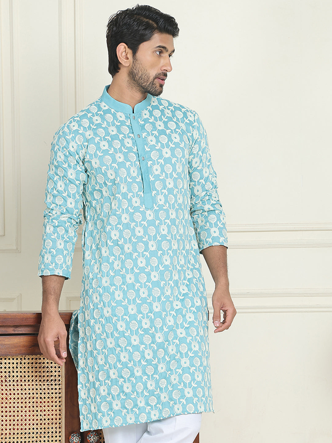 Embroidered Straight Kurtas For Men ( KO 5195 Blue )