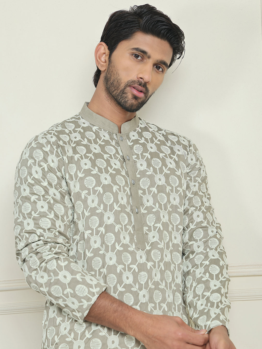 Embroidered Straight Kurta Pyjama Set For Men ( JOKP P 5195 Grey )