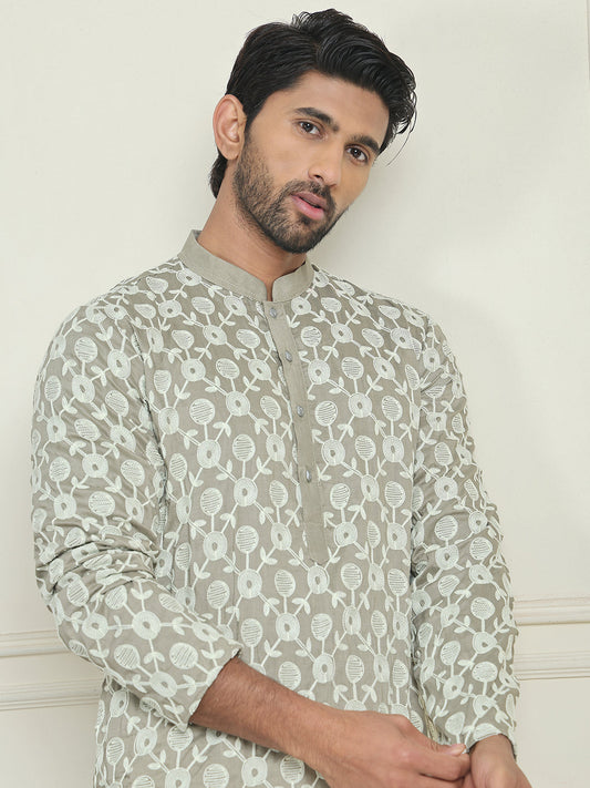 Embroidered Straight Kurta Pyjama Set For Men ( JOKP P 5195 Grey )