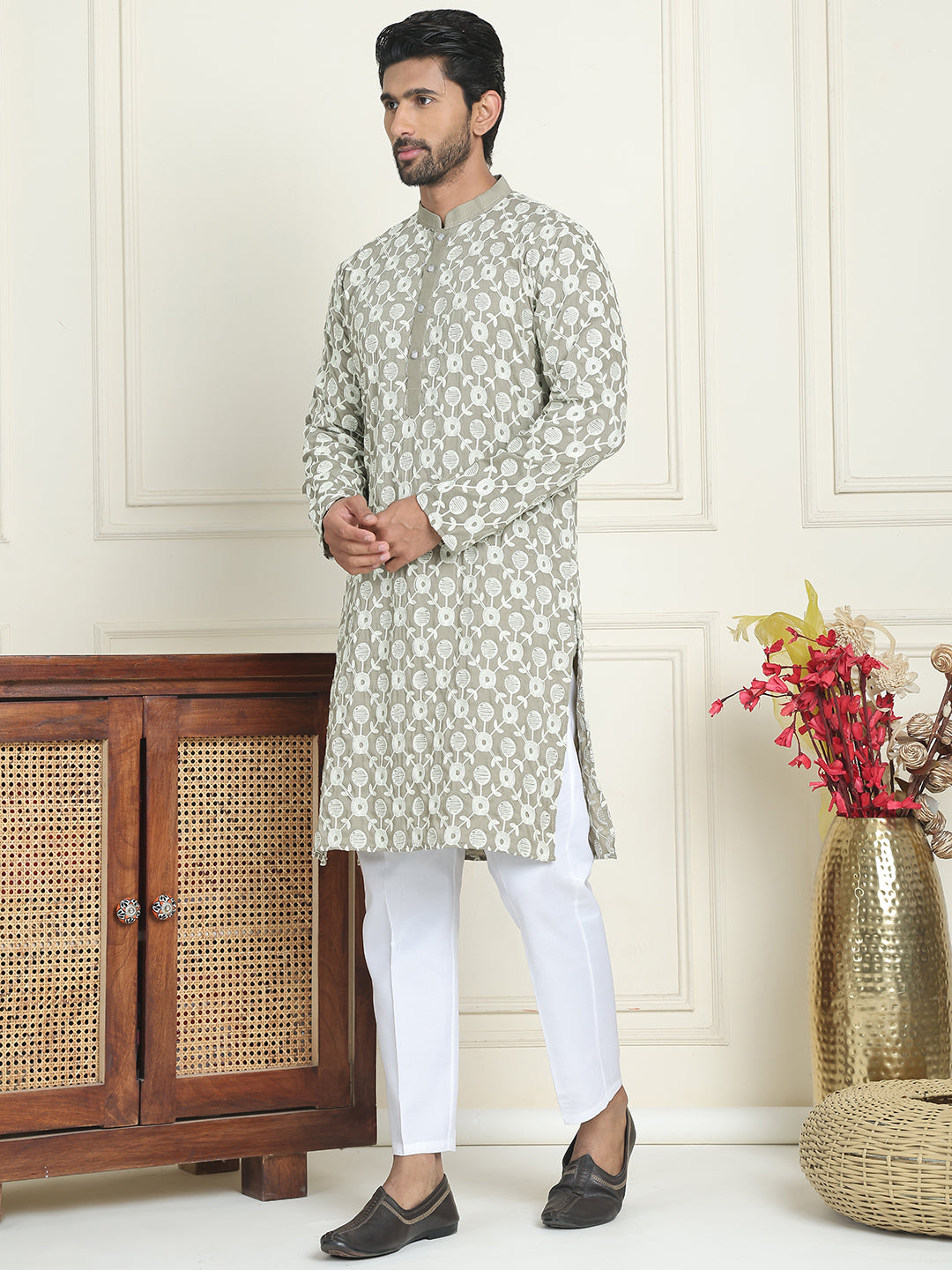 Embroidered Straight Kurta Pyjama Set For Men ( JOKP P 5195 Grey )