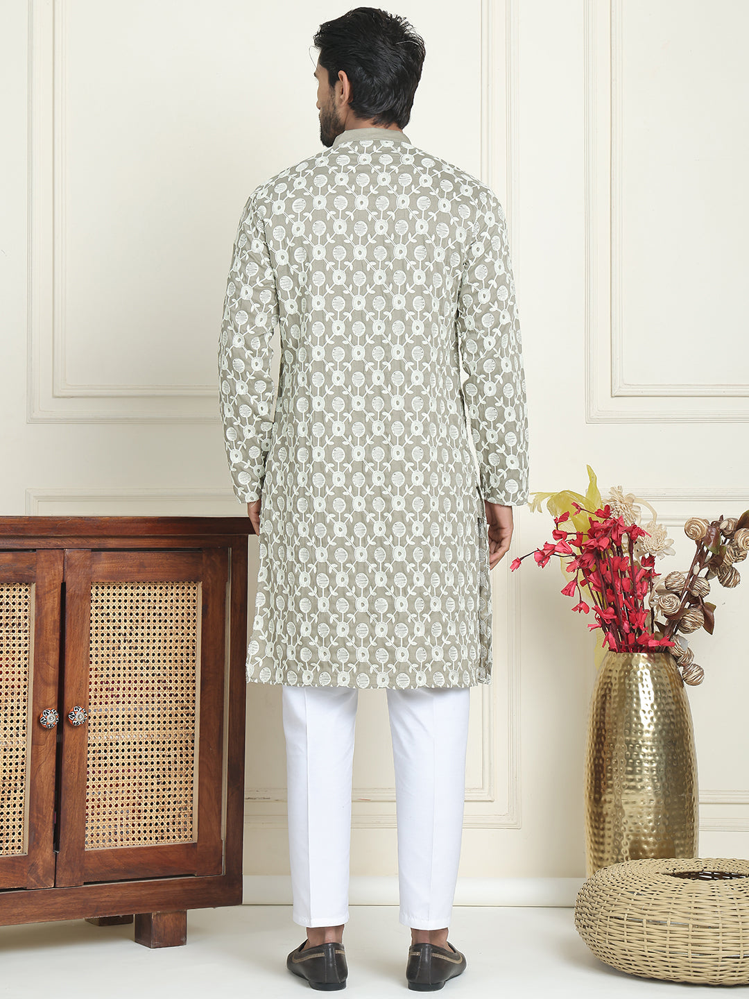 Embroidered Straight Kurta Pyjama Set For Men ( JOKP P 5195 Grey )