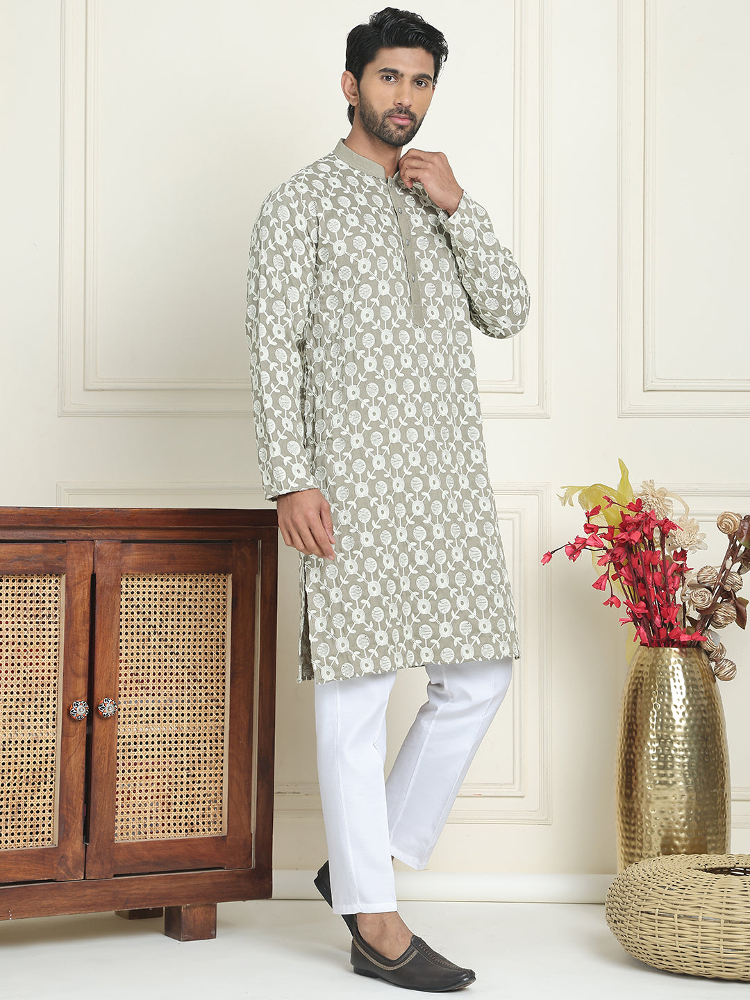 Embroidered Straight Kurta Pyjama Set For Men ( JOKP P 5195 Grey )