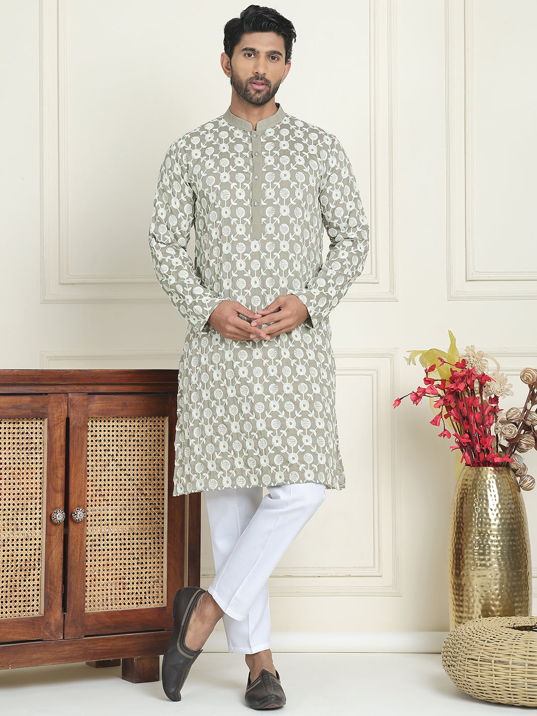Embroidered Straight Kurta Pyjama Set For Men ( JOKP P 5195 Grey )