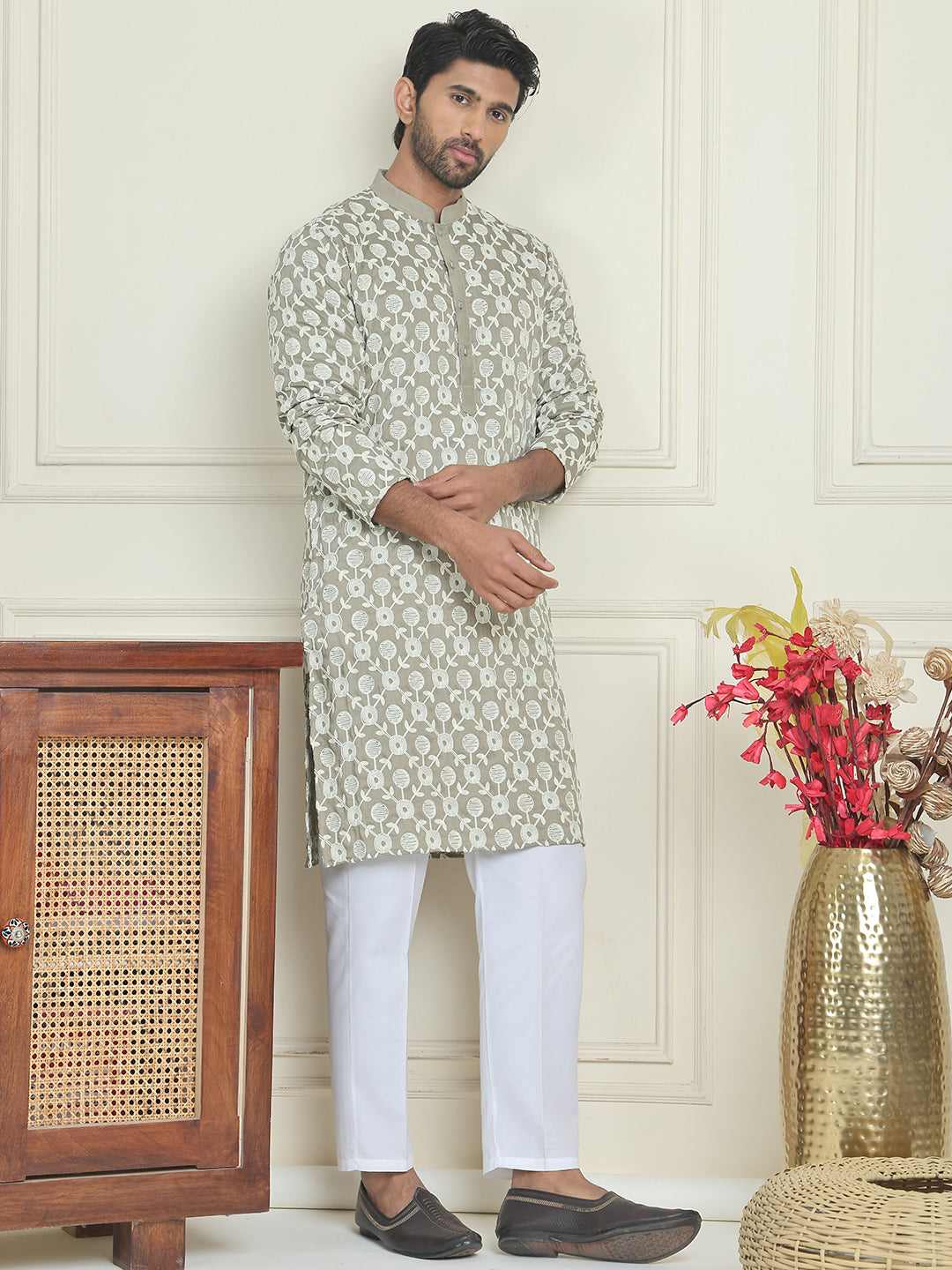 Embroidered Straight Kurta Pyjama Set For Men ( JOKP P 5195 Grey )