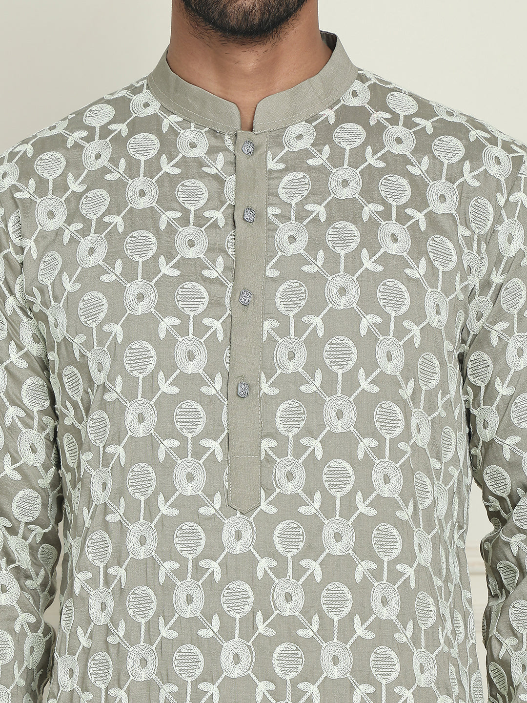 Embroidered Straight Kurta Pyjama Set For Men ( JOKP P 5195 Grey )