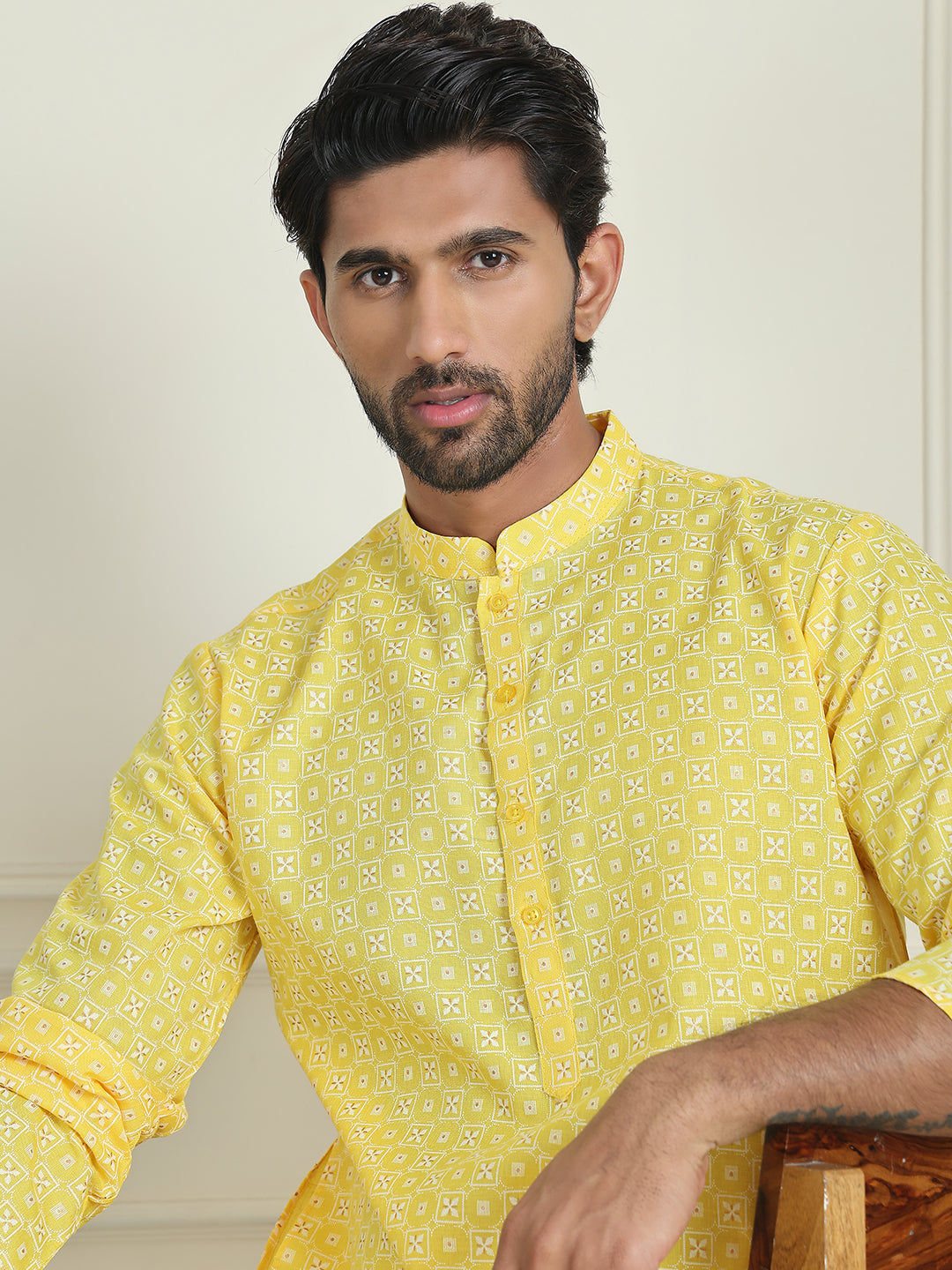 Men's Geometric Printed Kurta Set ( JOKP P 5198 Lemon )